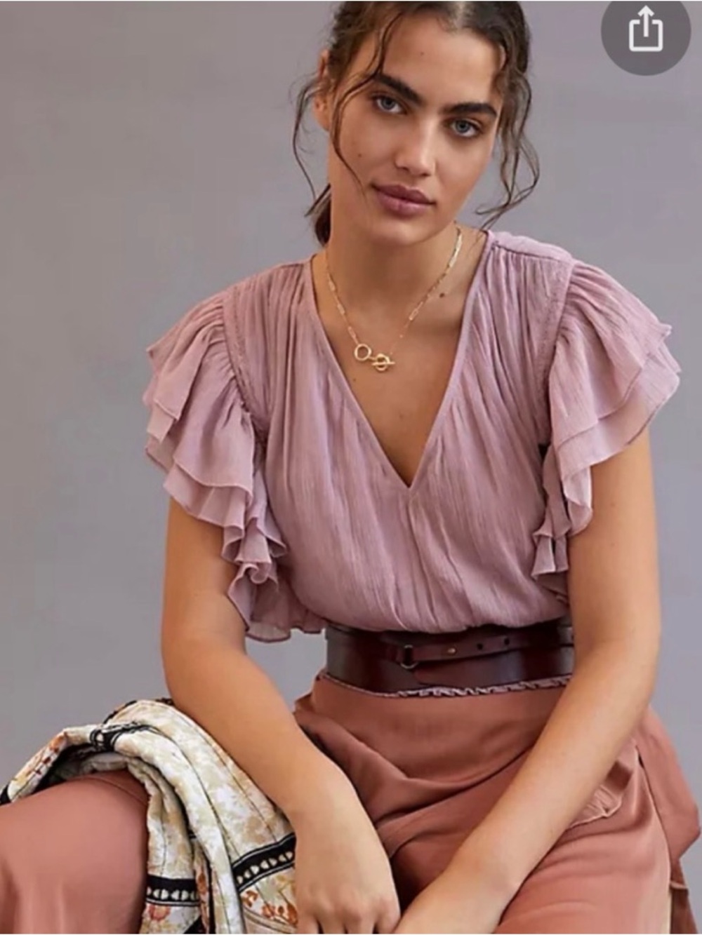 Anthropology Follow That Girl Ruffled V-Neck Blouse in Dusty Rose Large